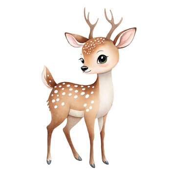 Hand-painted watercolor illustration of a cute little fawn. Happy woodland baby deer character isolated on white background.