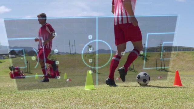 Overlay fading in, lead player dribbling ball around cones, overlay tracking for soccer training