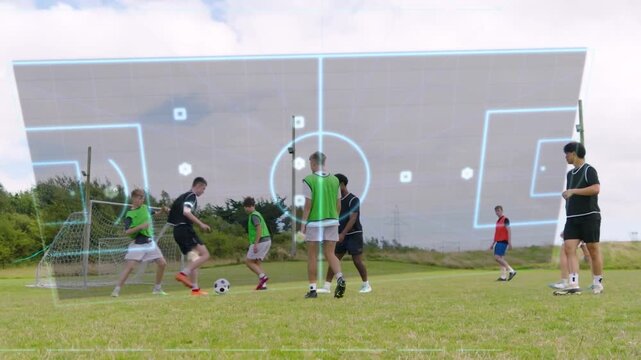 Teenage team training football player moving ball starting overlay showing pass lines opening space