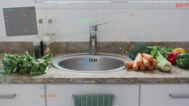 HUD overlays activating and appearing above sink, dots spiraling beside produce, showing freshness