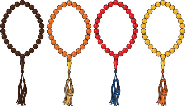Islamic prayer beads tasbih icon set featuring colorful rosary strands with tassels for worship, meditation, and spiritual devotion concepts