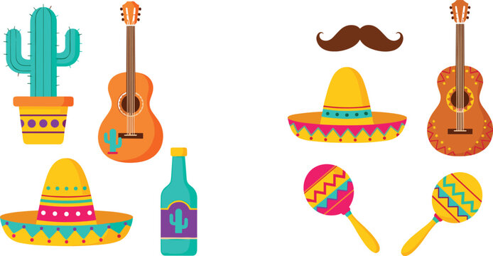 Mexican culture icon set featuring sombrero hats, guitars, maracas, cactus, mustache, and tequila bottle for fiesta, music, and traditional celebration themes
