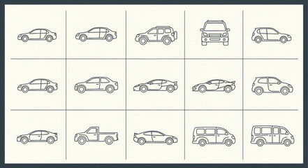 Obraz premium Collection of Hand Drawn Car Silhouettes and Icons.