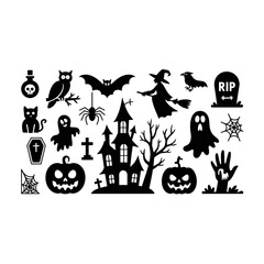Obraz premium Halloween Silhouette Elements Set - Spooky Icons with Haunted House, Witch, Ghosts, and Pumpkins