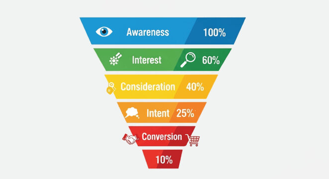A marketing funnel diagram shows conversion stages from awareness to conversion.