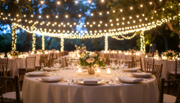 Romantic outdoor wedding reception table under string lights at dusk.