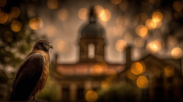 Bronze eagle statue with blurred capitol dome golden reflections and bokeh