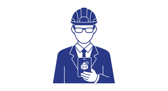 Businessman wearing safety gear holding phone.
