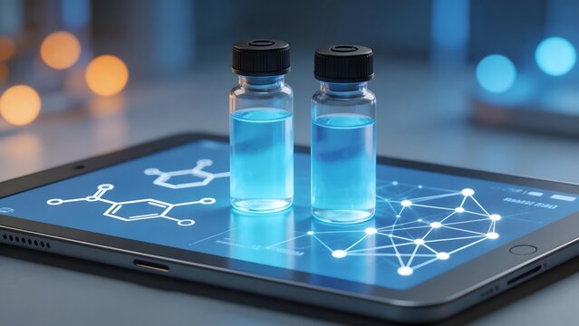 Two vials with blue liquid on tablet screen