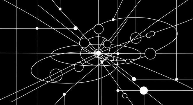 Abstract network of interconnected nodes and lines on black background.