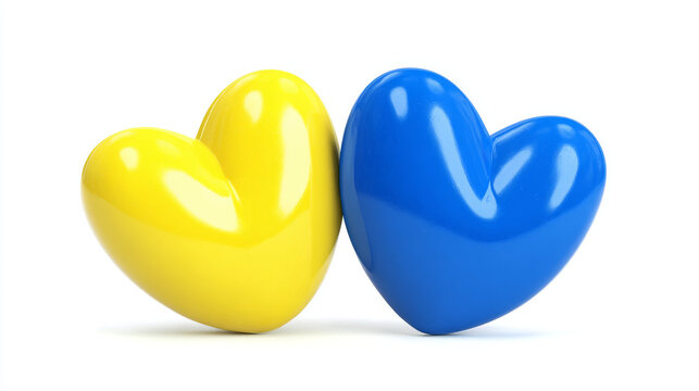 3D Ukraine flag Hearts. Stay with Ukraine. No war. Pray for peace. Help and support for Ukrainians. Cartoon creative design icon isolated on white background. Yellow and blue. 3D Rendering