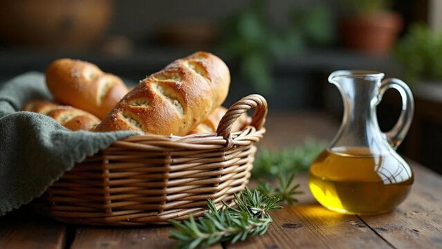 Fresh bread in a wicker basket with olive oil. 