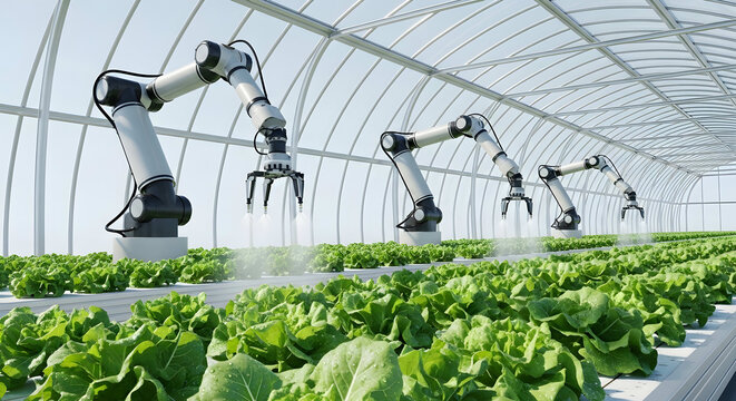 Robotic arms tend to lush green lettuce crops in a modern indoor hydroponic greenhouse with automated farming technology