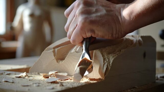 Artisan's masterful hand meticulously shapes a wooden block with a sharp chisel, revealing intricate forms bathed in soft studio light