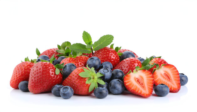 Fresh strawberries and blueberries with mint leaves on white background.