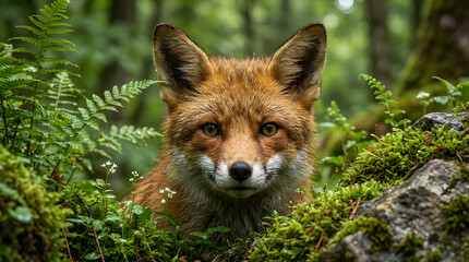 Fototapeta premium An observant red fox with bright eyes and soft fur stares intently into the camera lens