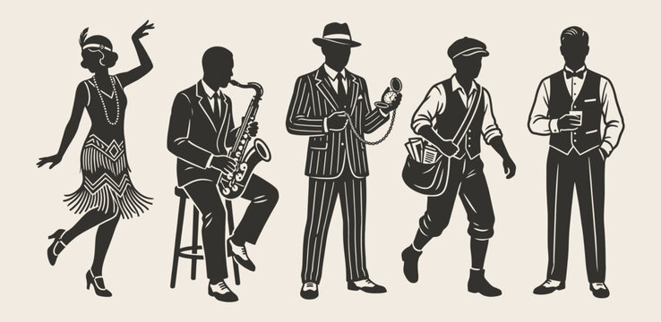 Vintage roaring twenties character silhouettes for retro jazz age themed designs