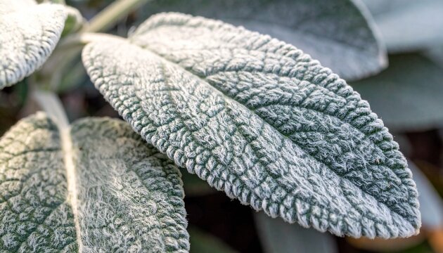 Detailed view of silver-green lambs ear plant leaves
