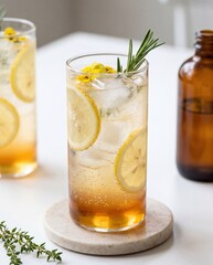 Fototapeta premium Sparkling lemon rosemary drink with amber syrup and edible flowers in elegant highball glass