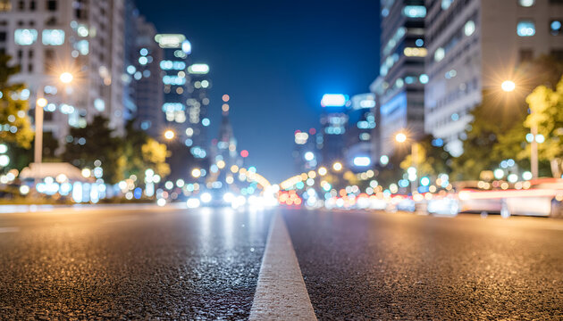 Low angle empty city street at night with bokeh lights.
