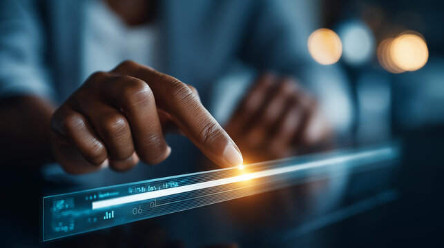 Close up of fingertips adjusting a glowing holographic slider on a virtual AI control panel with parameter indicators and training metrics on a bright clean backdrop AI control