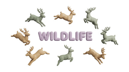 Obraz premium Abstract 3D Clay Render of Jumping Reindeer Silhouettes Orbiting Wildlife Text in Pastel Tones