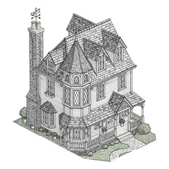Obraz premium A detailed illustration of a large Victorian house with a tower and a weather vane on its roof in a suburban area with a garden and a pathway.