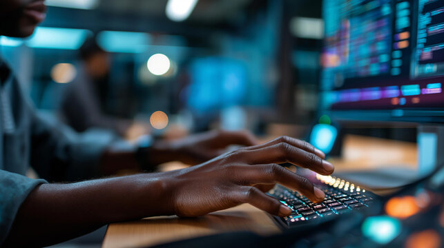 Over the shoulder silhouette of hands at a high tech workstation with monitors displaying big data AI analysis and colorful code streams with softly defocused cybersecurity icons