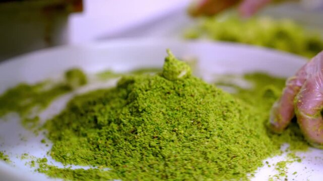 Close-up of finely ground pistachios used as baklava filling. Green nut texture being handled with gloved hand, showcasing ingredient detail in traditional Turkish dessert preparation.