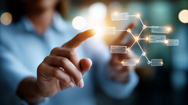 Close up of fingertips tapping a floating decision tree diagram hologram with branching scenario nodes and algorithm indicators on a bright soft lit background decision tree
