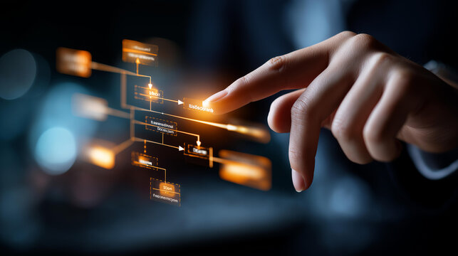 Close up of fingertips tapping a floating decision tree diagram hologram with branching scenario nodes and algorithm indicators on a bright soft lit background decision tree