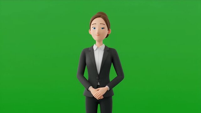 Businesswoman presenter gestures against green screen background.