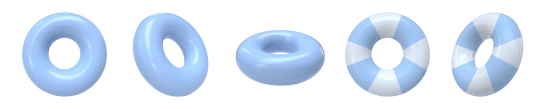 Vector set of realistic 3D rendered swimming rings. Inflatable swim rings in soft pastel blue and blue-white striped. Round Pool floats shown from different angles, isolated. Rubber rings for Pool fun
