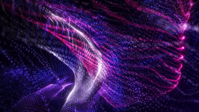Flowing neon particles forming abstract wave shapes, vibrant purple and pink data stream, futuristic digital motion with glowing dots, depth and dynamic energy.