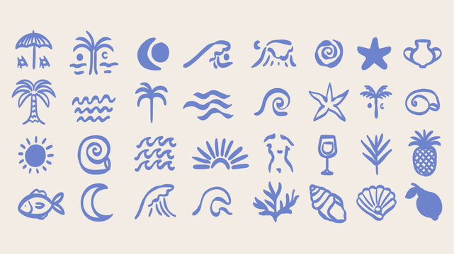 Boho summer icon set. Coastal spiritual geometric palm tree, sun, sea, waves and corals emblem. Tropical retro label decor print, summer beach vignetting silhouette. Hand drawn vector illustration.