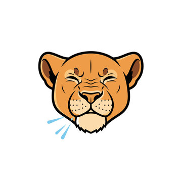 Cartoon Lioness Head Sneezing on White