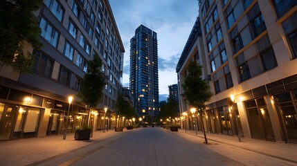Fototapeta premium A deep perspective view down a modern city plaza at dusk flanked by illuminated contemporary high rise buildings