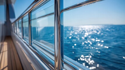 Fototapeta premium Polished Chrome Sliding Cabin Door on a Luxury Yacht Overlooking a Sparkling Blue Ocean