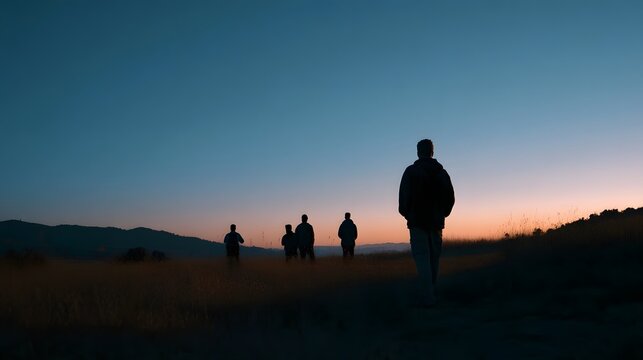 A group of figures walks through an open field at dusk silhouetted against the vibrant colors of the setting sun and deep twilight sky