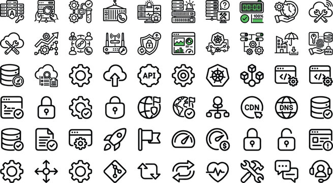 Web hosting technology line icon set with server security cloud API CDN DNS monitoring editable outline vector collection infrastructure systems
