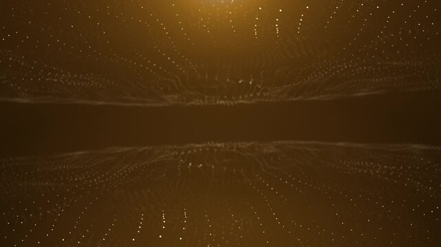 Golden particle waves forming symmetrical abstract field, glowing dots flowing in space, futuristic digital background with depth, motion and elegant energy.