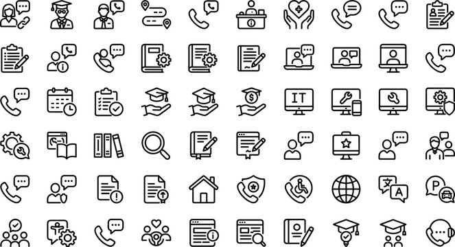 Education communication line icon set with student teacher support learning documents graduation editable outline vector collection for academic services