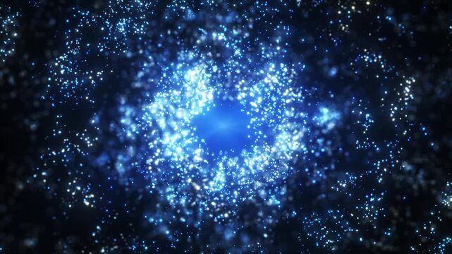 Blue glowing particles forming circular vortex, abstract cosmic energy field with bright core, dynamic motion, depth and futuristic digital space background.