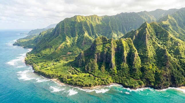 Aerial view of Napali Coast cliffs and turquoise ocean in Kauai Hawaii