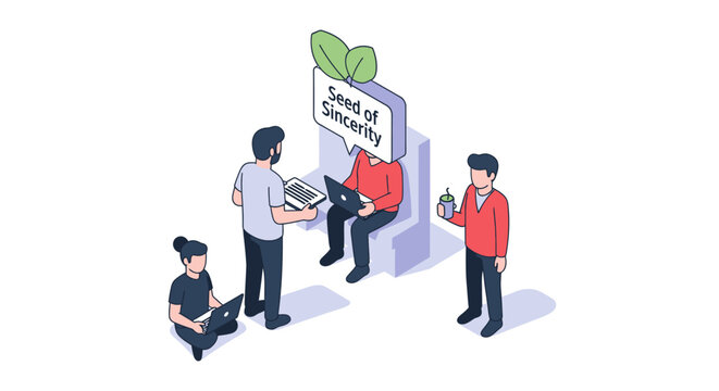 Isometric Illustration of People Interacting with a Seed of Sincerity Concept.