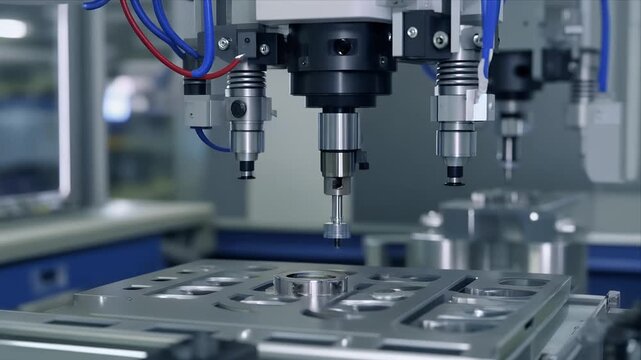 Close up view of a multi spindle cnc milling machine in operation.