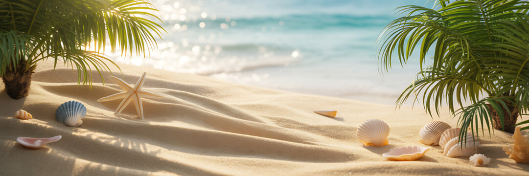 Tropical beach background with palm trees seashells and starfish in golden summer sunlight