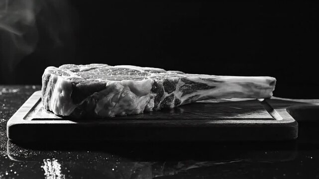 Black and white close up of a tomahawk steak with smoke on a wooden cutting board