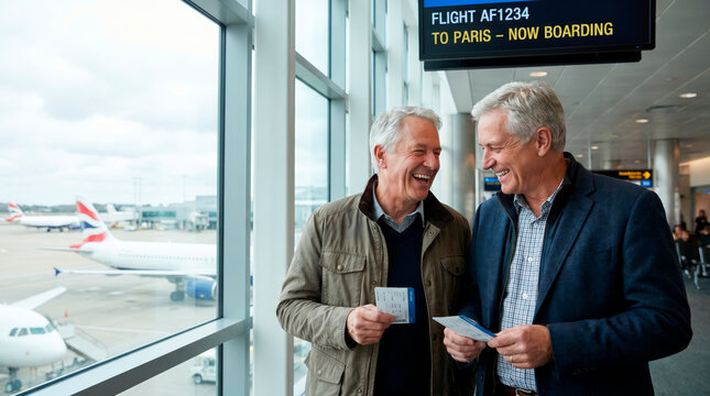 Happy Mature Men With Tickets at Airport Window by Boarding Gate Discussion