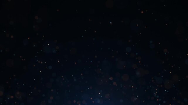Subtle floating particles on dark blue background, soft bokeh lights drifting in space, calm atmospheric motion with depth, minimal abstract visual texture. seamless loop.